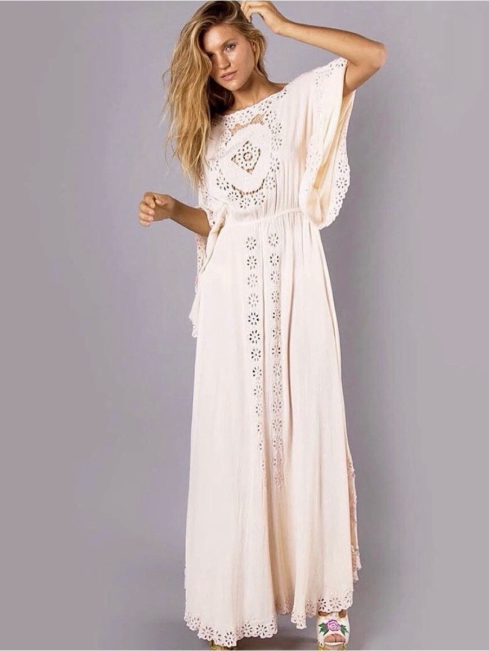 Fillyboo “I Believe In Unicorns” Boho Eyelet Maxi Dress in Blush